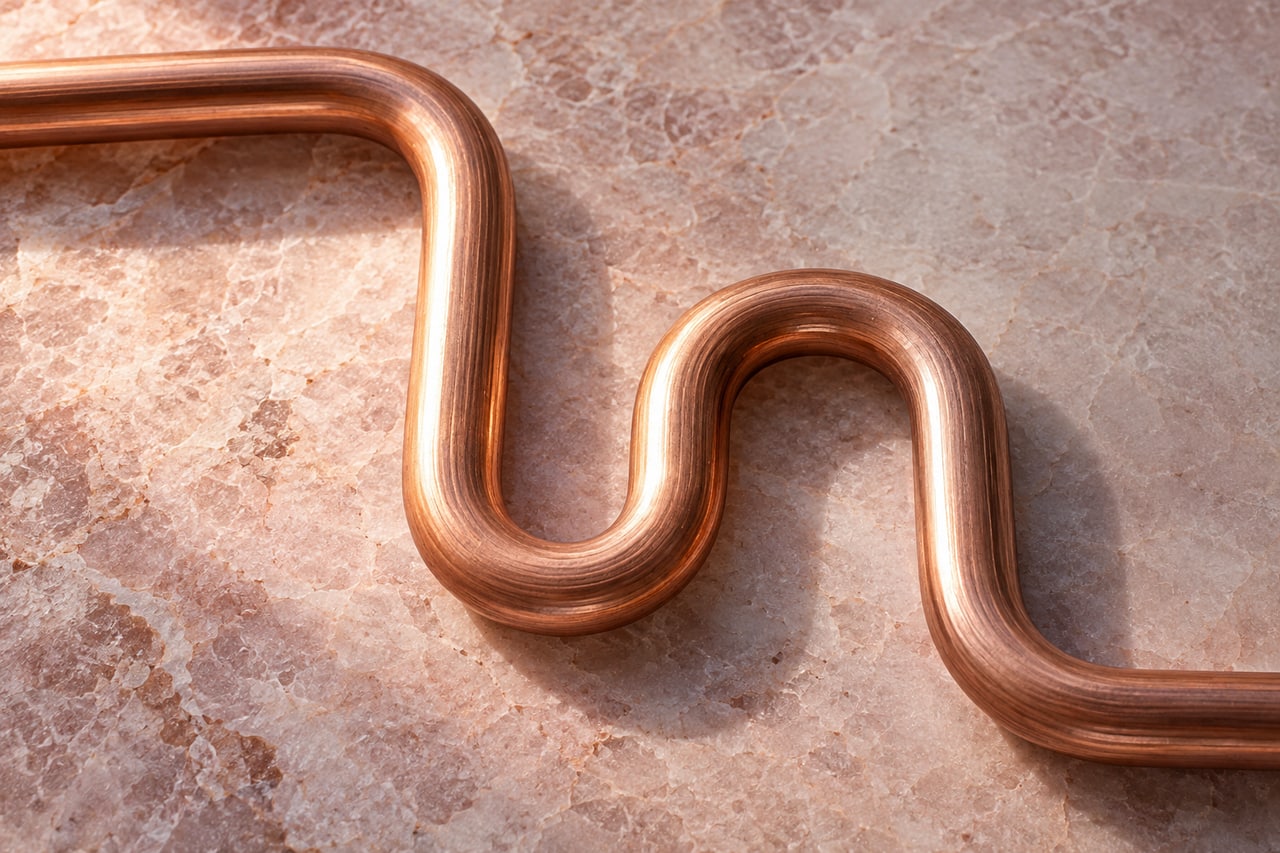 Imagem ilustrativa: Curvas contínuas de cobre sobre fundo mineral